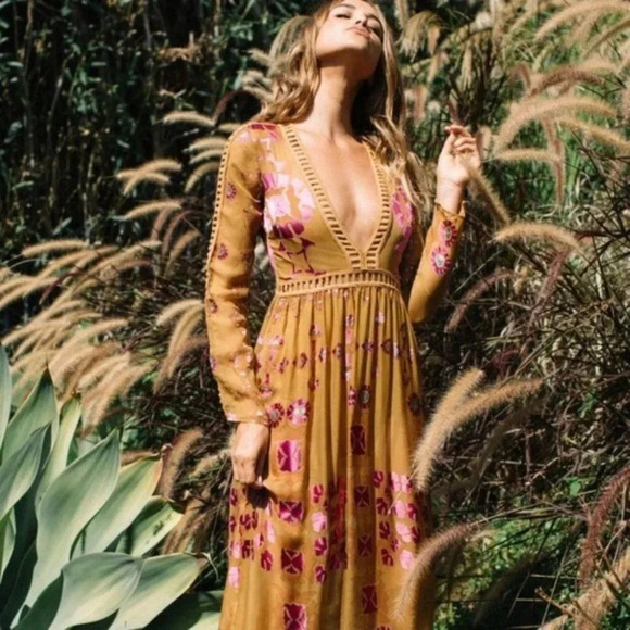 For Love & Lemons Barcelona Maxi Dress Silk Blend Mustard Yellow Sz XS - Picture 2 of 16